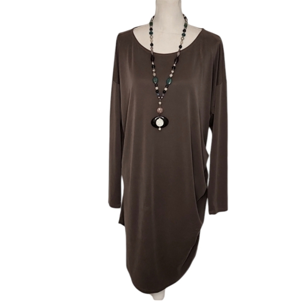 Lisa Bayne Lenzing Modal Shift Dress Taupe XXL Side Ruched Long Sleeve Lagenlook
